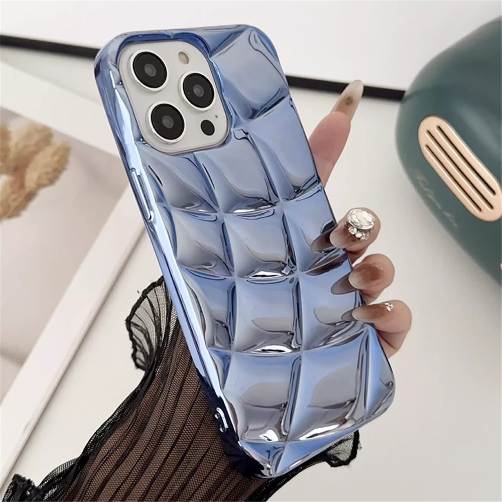 For iPhone 13 Pro Case Electroplating 3D Rhombus Grid Soft TPU Phone Cover - Blue