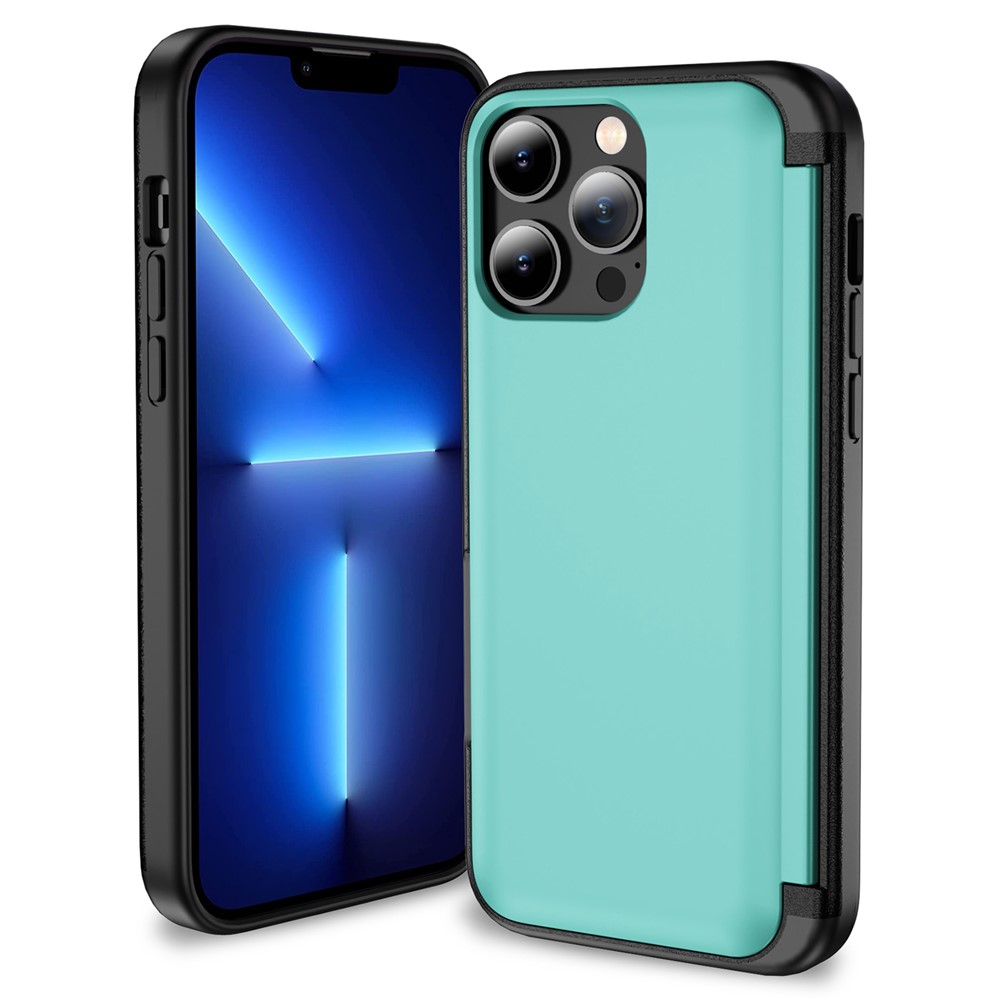 For iPhone 13 Pro Case TPU+PC Phone Cover with Kickstand / Card Holder Slot - Cyan