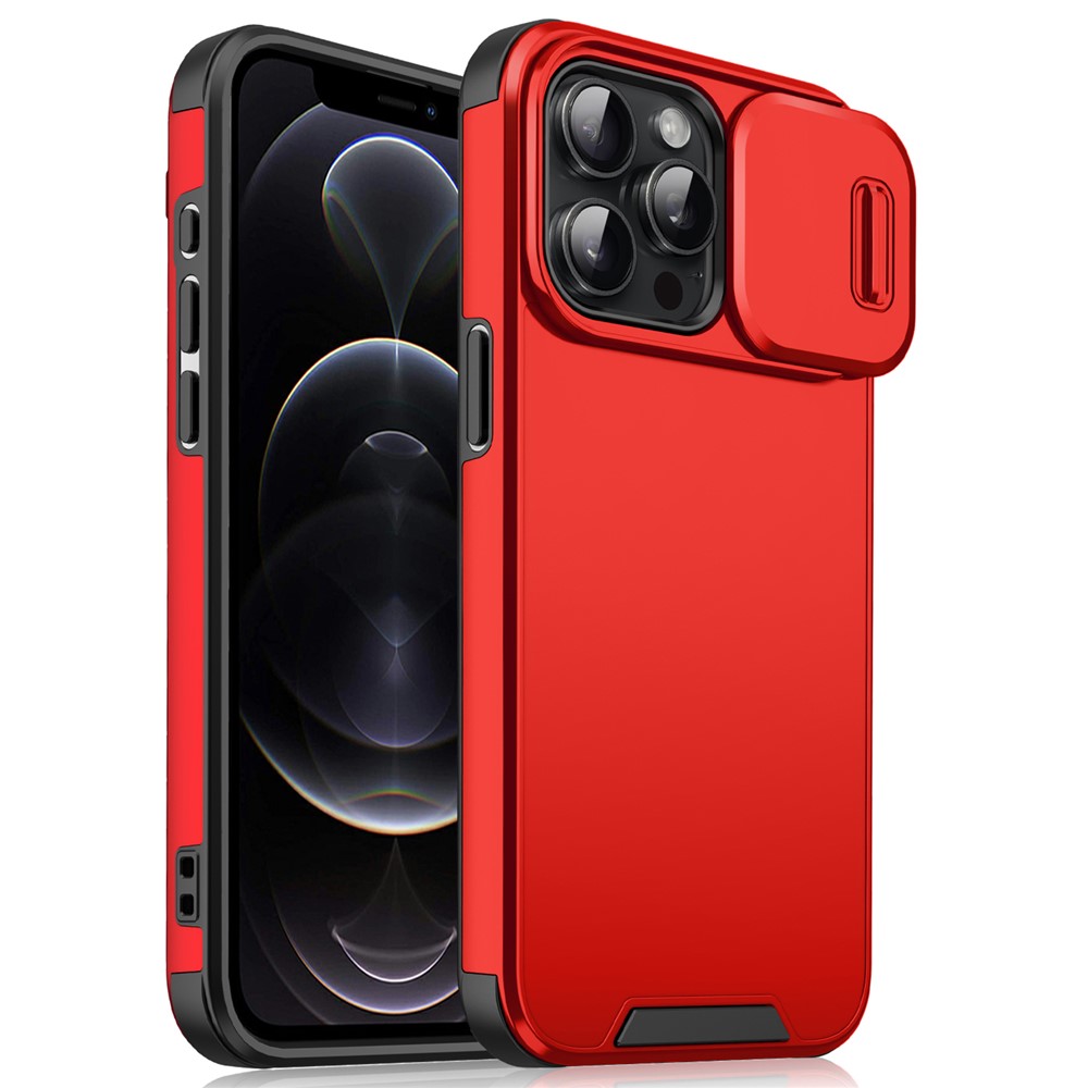 For iPhone 12 Pro / 12 6.1 inch Phone Case PC+TPU Scratch-Resistant Phone Cover with Slide Camera Guard - Red