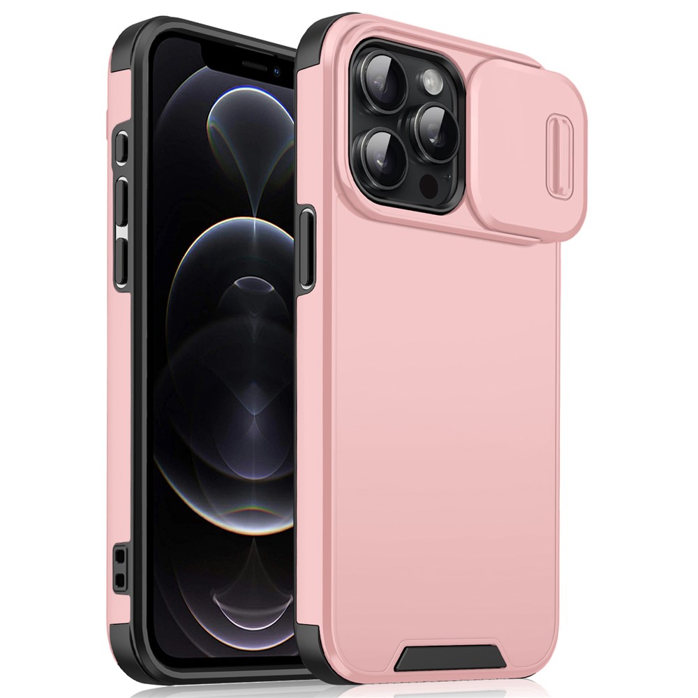 For iPhone 12 Pro / 12 6.1 inch Phone Case PC+TPU Scratch-Resistant Phone Cover with Slide Camera Guard - Pink