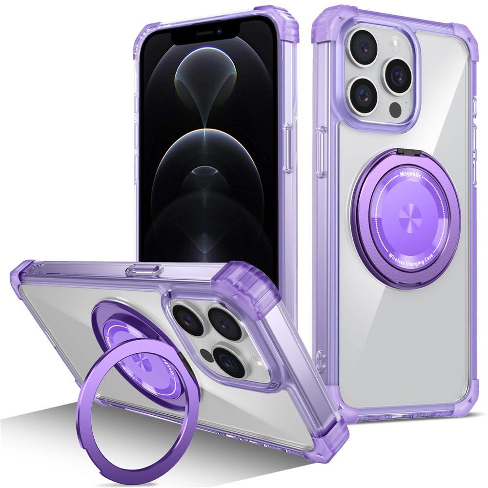 For iPhone 12 / 12 Pro Case Compatible with MagSafe Rotating Kickstand TPU+PC Phone Cover - Transparent Purple