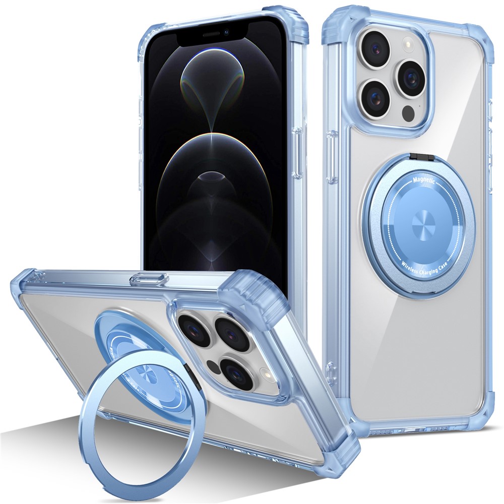For iPhone 12 / 12 Pro Case Compatible with MagSafe Rotating Kickstand TPU+PC Phone Cover - Transparent Blue
