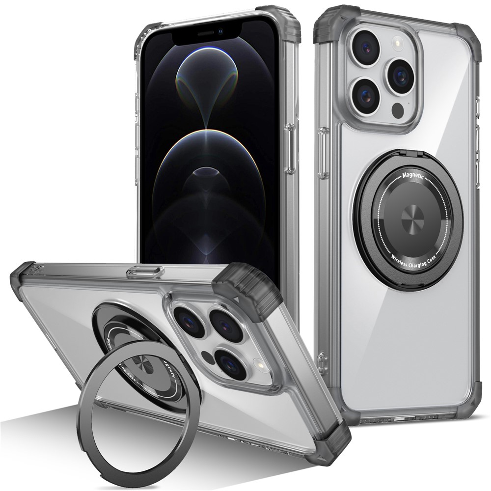 For iPhone 12 / 12 Pro Case Compatible with MagSafe Rotating Kickstand TPU+PC Phone Cover - Transparent Black