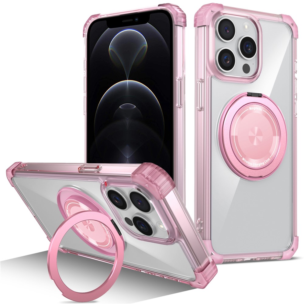 For iPhone 12 / 12 Pro Case Compatible with MagSafe Rotating Kickstand TPU+PC Phone Cover - Transparent Pink
