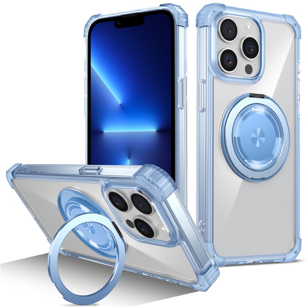 For iPhone 13 Pro 6.1 inch Magnetic Case PC+TPU 360 Degree Rotation Kickstand Phone Cover - Transparent Blue