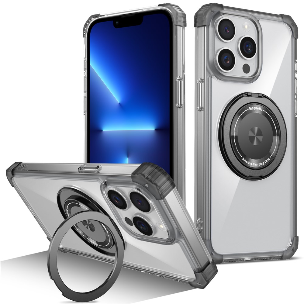 For iPhone 13 Pro 6.1 inch Magnetic Case PC+TPU 360 Degree Rotation Kickstand Phone Cover - Transparent Black