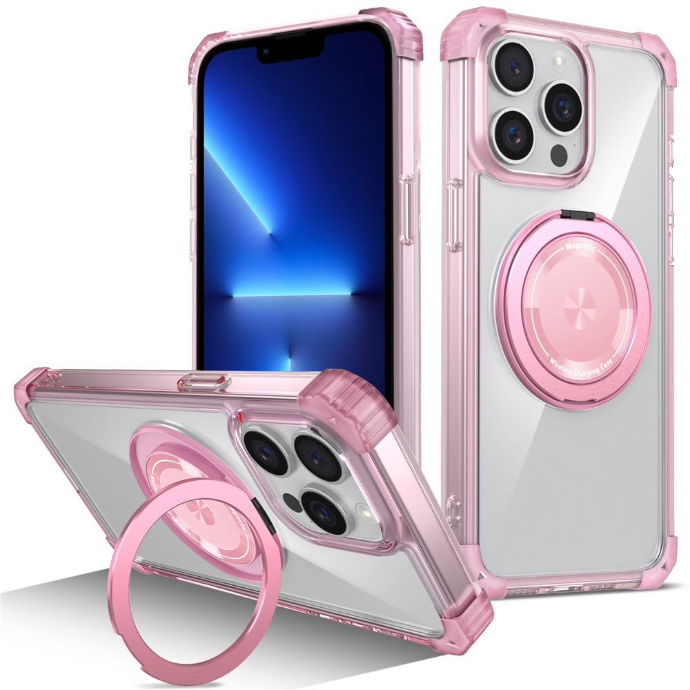 For iPhone 13 Pro 6.1 inch Magnetic Case PC+TPU 360 Degree Rotation Kickstand Phone Cover - Transparent Pink