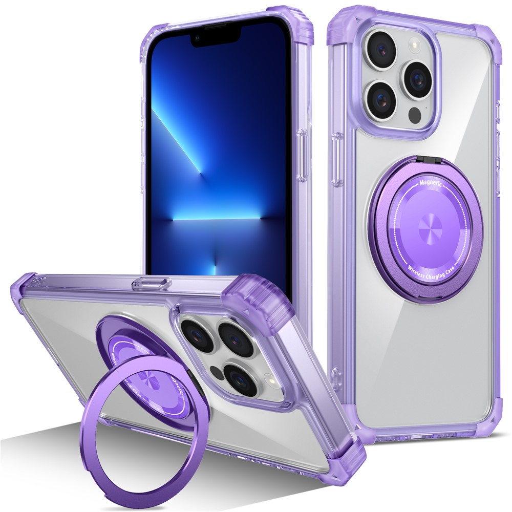 For iPhone 13 Pro Max Magnetic Case Rotary Ring Kickstand TPU+PC Phone Cover - Transparent Purple
