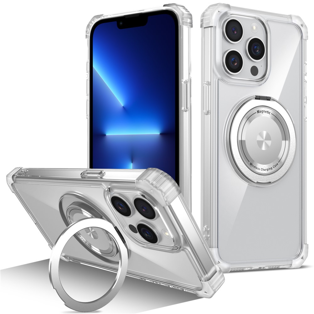 For iPhone 13 Pro Max Magnetic Case Rotary Ring Kickstand TPU+PC Phone Cover - Transparent