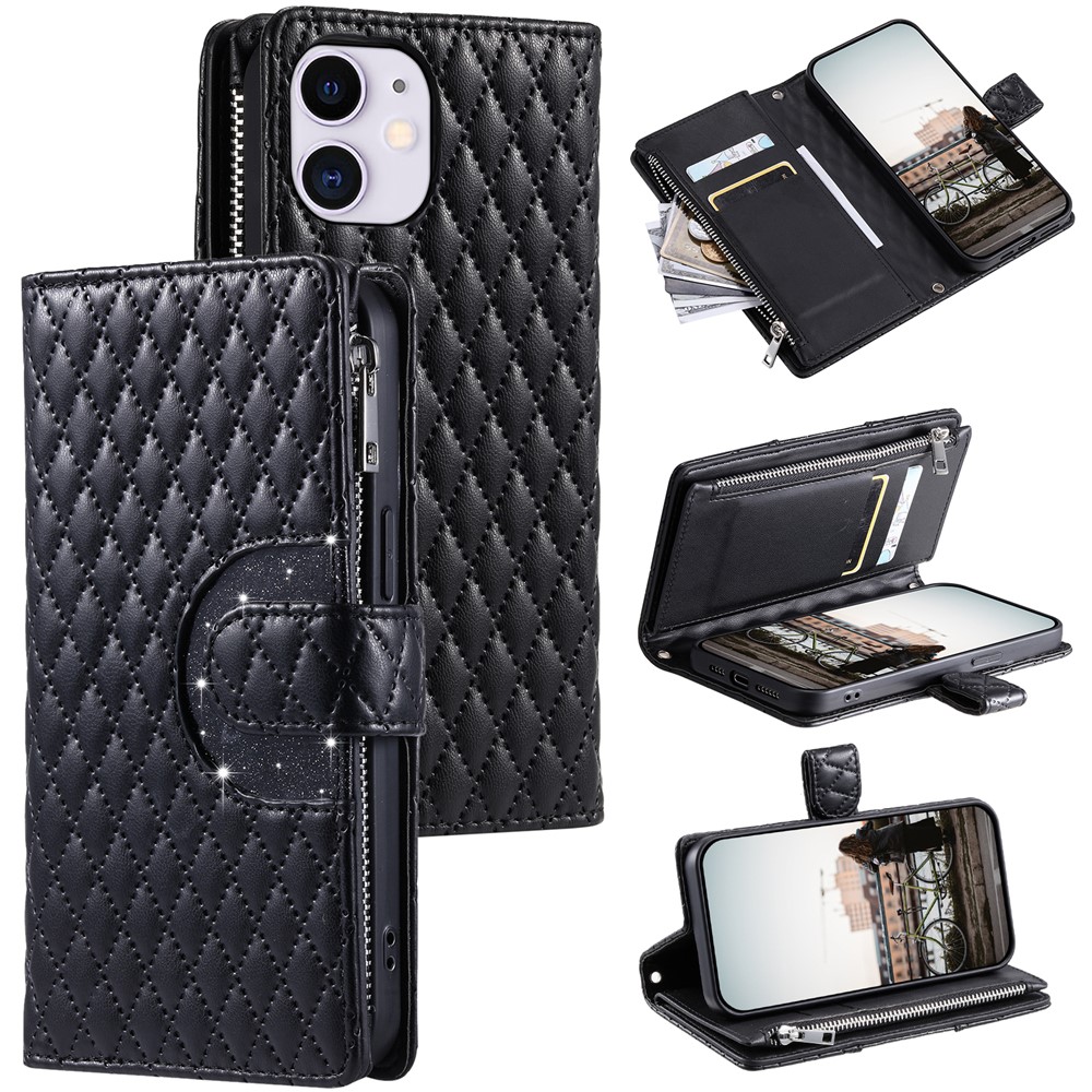 Style 012 for iPhone 11 Leather Case with Wrist Strap Rhombus Glitter Zipper Pocket Phone Cover - Black
