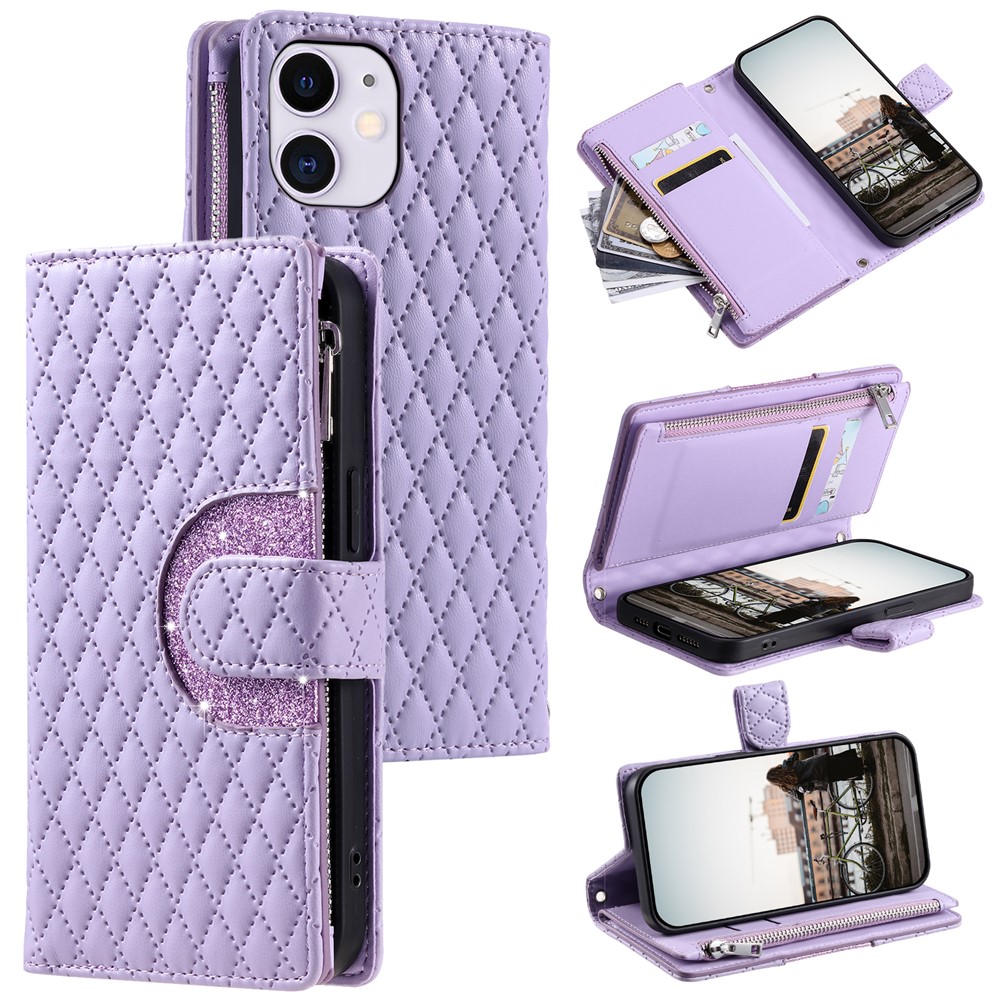 Style 012 for iPhone 11 Leather Case with Wrist Strap Rhombus Glitter Zipper Pocket Phone Cover - Purple