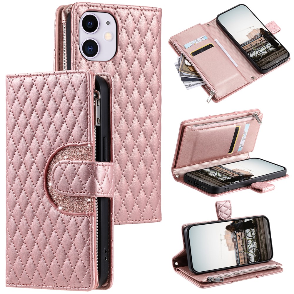 Style 012 for iPhone 11 Leather Case with Wrist Strap Rhombus Glitter Zipper Pocket Phone Cover - Rose Gold