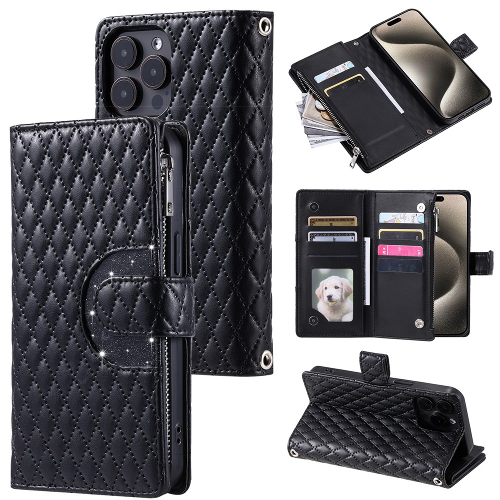 Style 012 for iPhone 13 Pro Max Wallet Case Zipper Pocket PU Leather Rhombus Phone Cover - Black