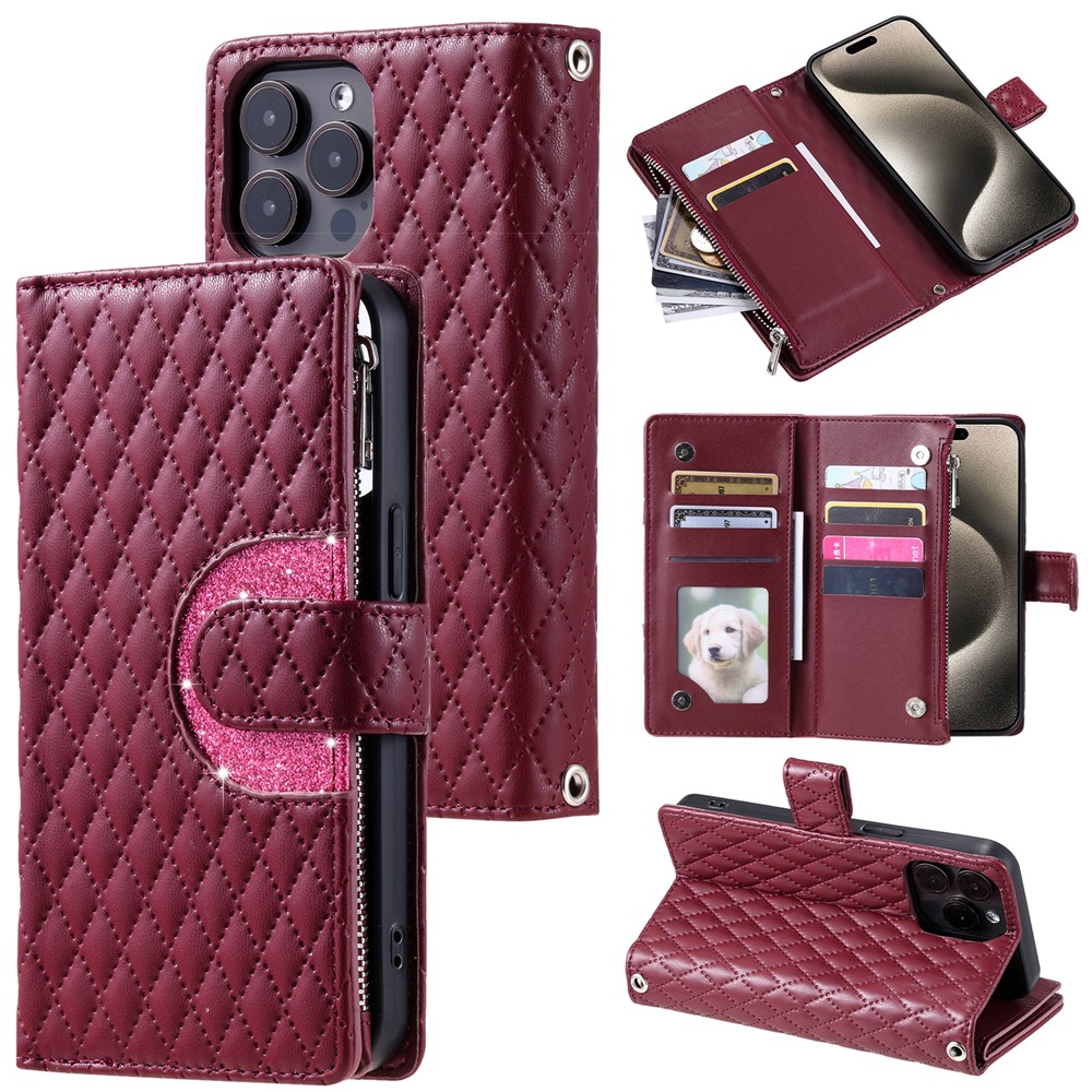 Style 012 for iPhone 13 Pro Max Wallet Case Zipper Pocket PU Leather Rhombus Phone Cover - Wine Red