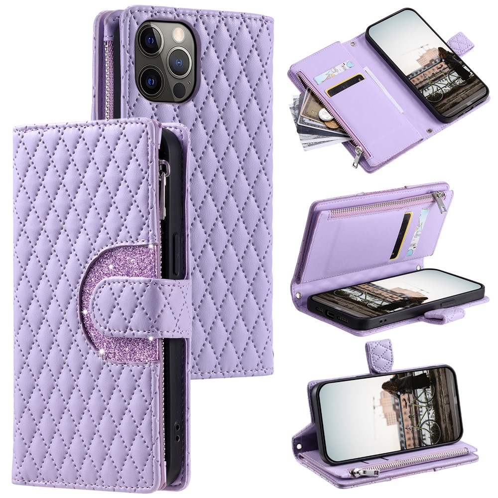 Style 012 for iPhone 12 / 12 Pro Leather Case with Strap Zipper Pocket Wallet Rhombus Phone Cover - Purple