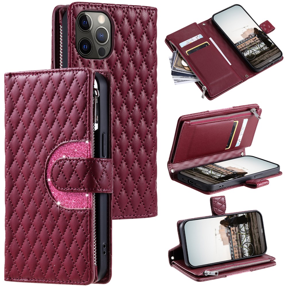 Style 012 for iPhone 12 / 12 Pro Leather Case with Strap Zipper Pocket Wallet Rhombus Phone Cover - Wine Red