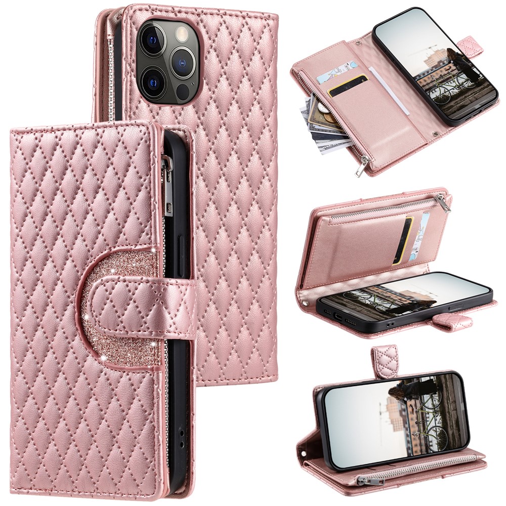 Style 012 for iPhone 12 / 12 Pro Leather Case with Strap Zipper Pocket Wallet Rhombus Phone Cover - Rose Gold