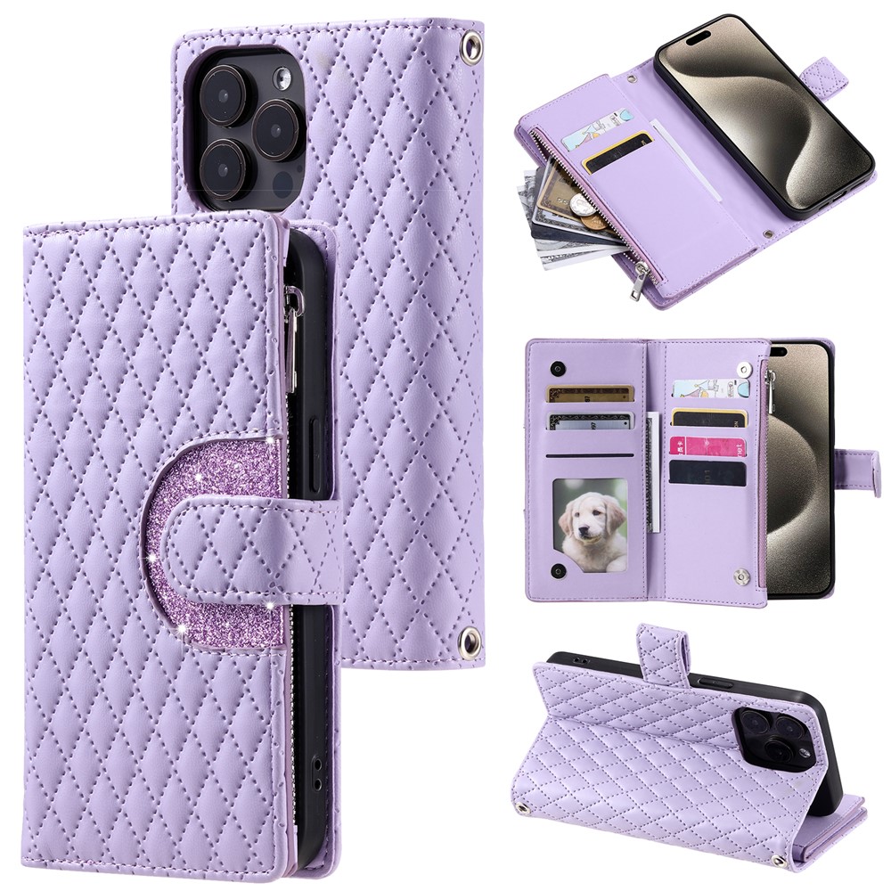 Style 012 for iPhone 13 Pro Wallet Case Rhombus Imprinted Zipper Leather Phone Cover - Purple