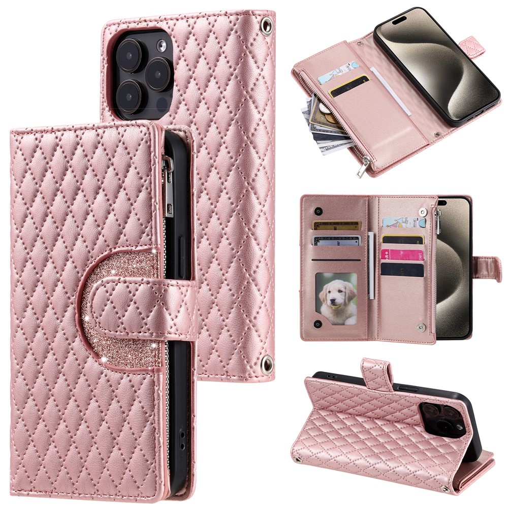 Style 012 for iPhone 13 Pro Wallet Case Rhombus Imprinted Zipper Leather Phone Cover - Rose Gold