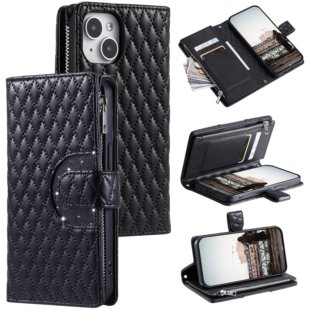 Style 012 for iPhone 15 Plus Leather Case Rhombus Wallet Zipper Phone Cover with Hand Strap - Black