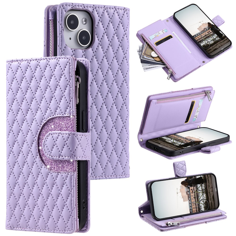 Style 012 for iPhone 15 Plus Leather Case Rhombus Wallet Zipper Phone Cover with Hand Strap - Purple