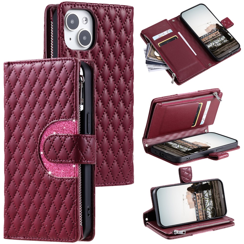 Style 012 for iPhone 15 Plus Leather Case Rhombus Wallet Zipper Phone Cover with Hand Strap - Wine Red