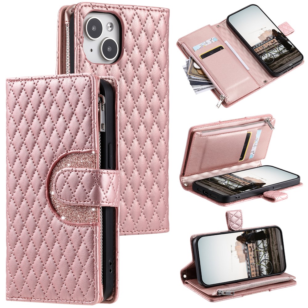 Style 012 for iPhone 15 Plus Leather Case Rhombus Wallet Zipper Phone Cover with Hand Strap - Rose Gold