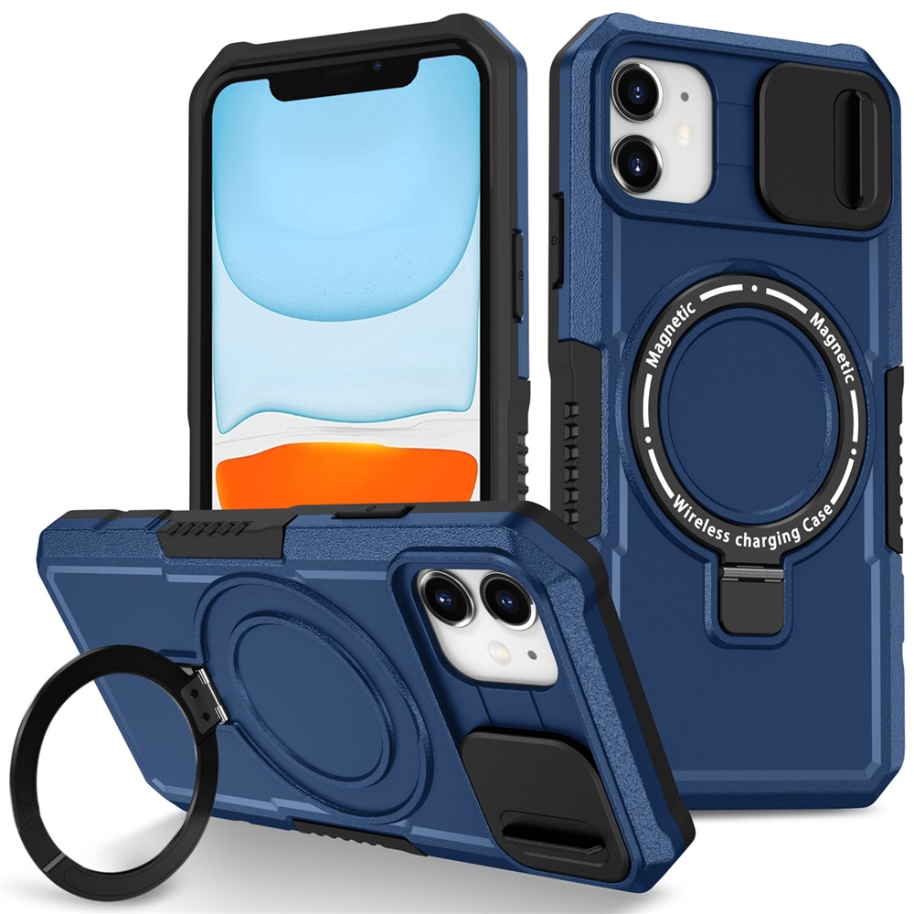 For iPhone 11 Case Invisible Magnetic Kickstand PC+TPU Phone Shell Built-in Sliding Lens Cover - Sapphire