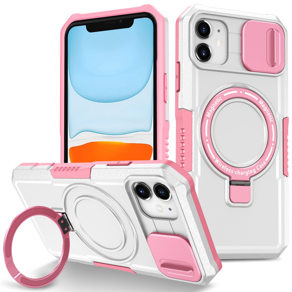 For iPhone 11 Case Invisible Magnetic Kickstand PC+TPU Phone Shell Built-in Sliding Lens Cover - Pink / White