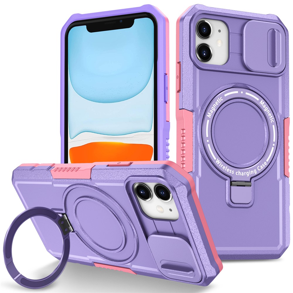 For iPhone 11 Case Invisible Magnetic Kickstand PC+TPU Phone Shell Built-in Sliding Lens Cover - Pink / Purple