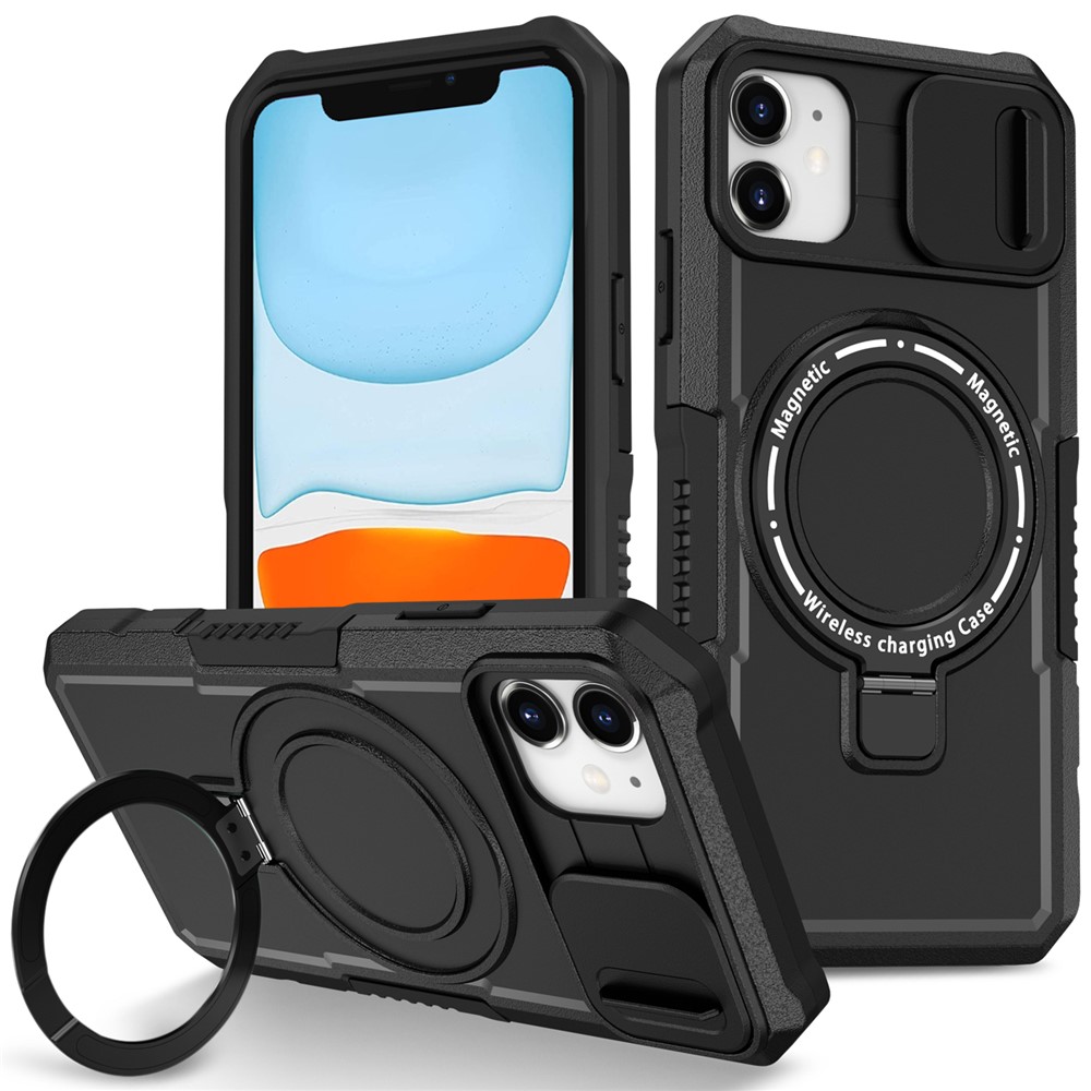 For iPhone 11 Case Invisible Magnetic Kickstand PC+TPU Phone Shell Built-in Sliding Lens Cover - Black