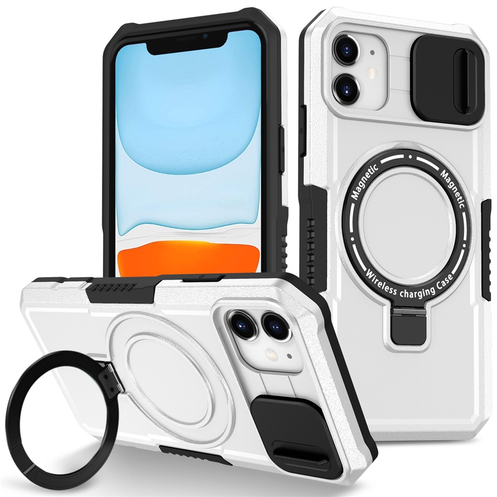 For iPhone 11 Case Invisible Magnetic Kickstand PC+TPU Phone Shell Built-in Sliding Lens Cover - Black / White