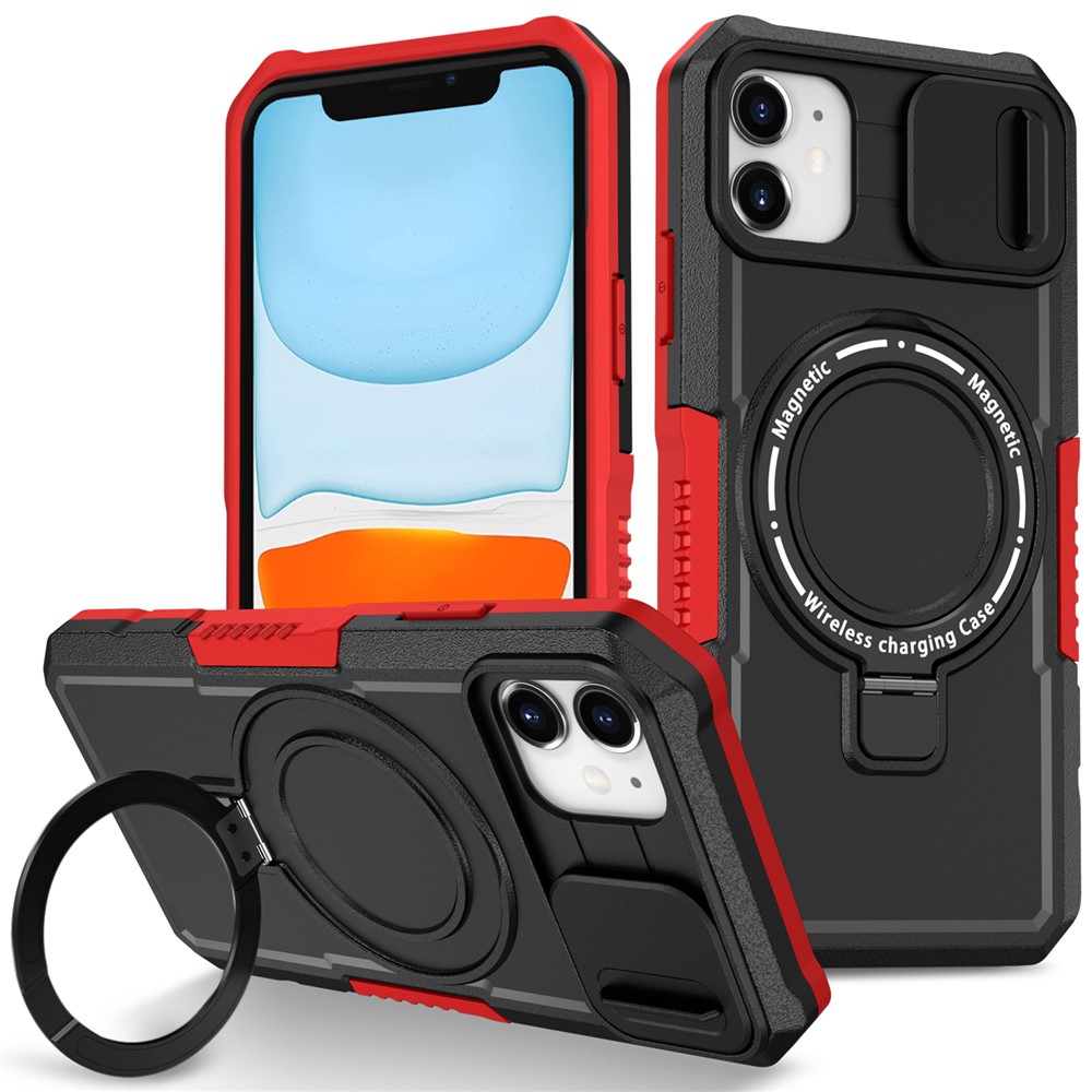 For iPhone 11 Case Invisible Magnetic Kickstand PC+TPU Phone Shell Built-in Sliding Lens Cover - Red / Black