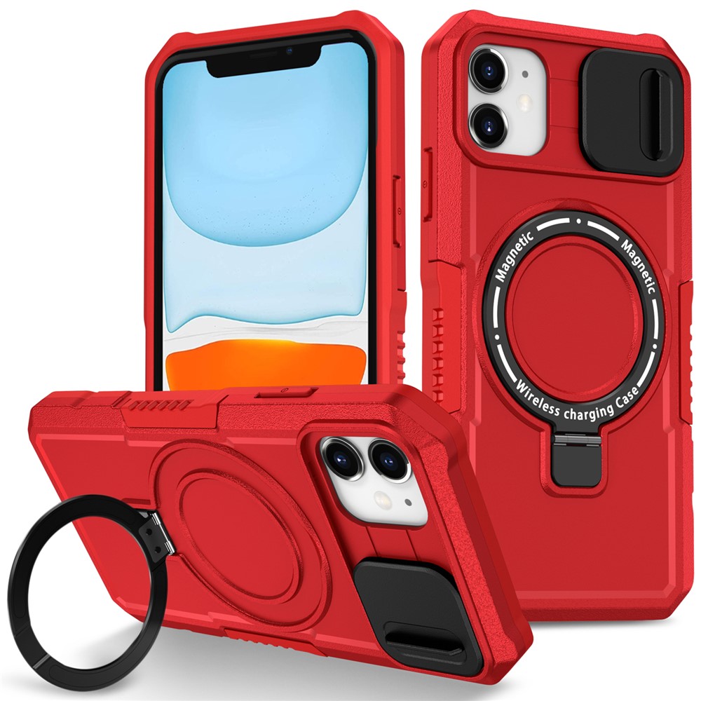 For iPhone 11 Case Invisible Magnetic Kickstand PC+TPU Phone Shell Built-in Sliding Lens Cover - Red