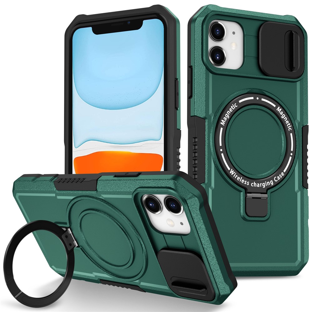 For iPhone 11 Case Invisible Magnetic Kickstand PC+TPU Phone Shell Built-in Sliding Lens Cover - Blackish Green
