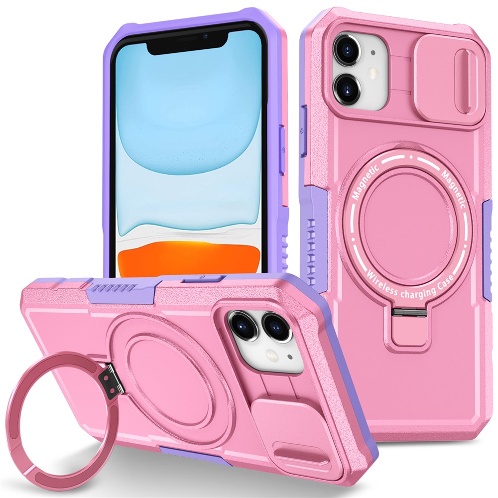 For iPhone 11 Case Invisible Magnetic Kickstand PC+TPU Phone Shell Built-in Sliding Lens Cover - Purple / Pink