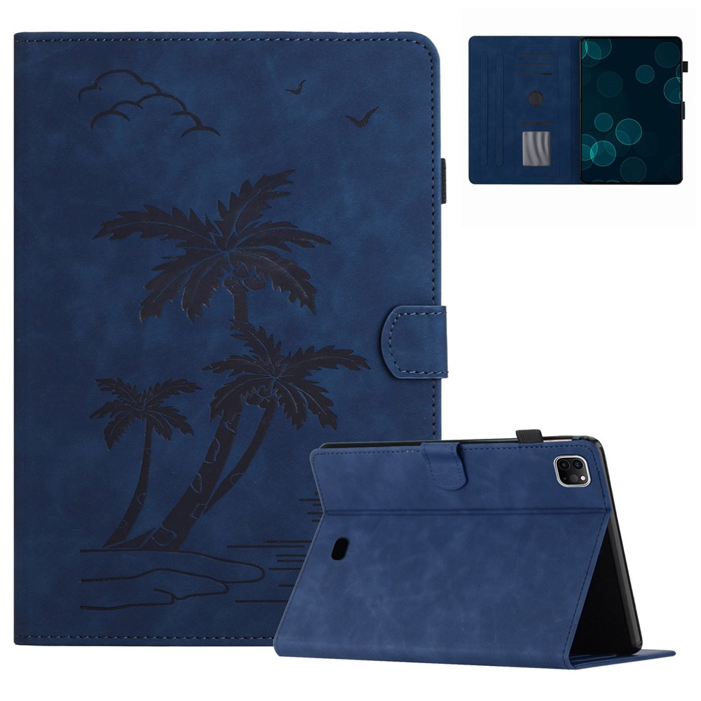 For iPad Pro 11-inch (2018) / (2020) / (2021) / (2022) / Air (2020) / Air (2022) Card Holder Coconut Tree Imprinted Leather Tablet Cover - Blue