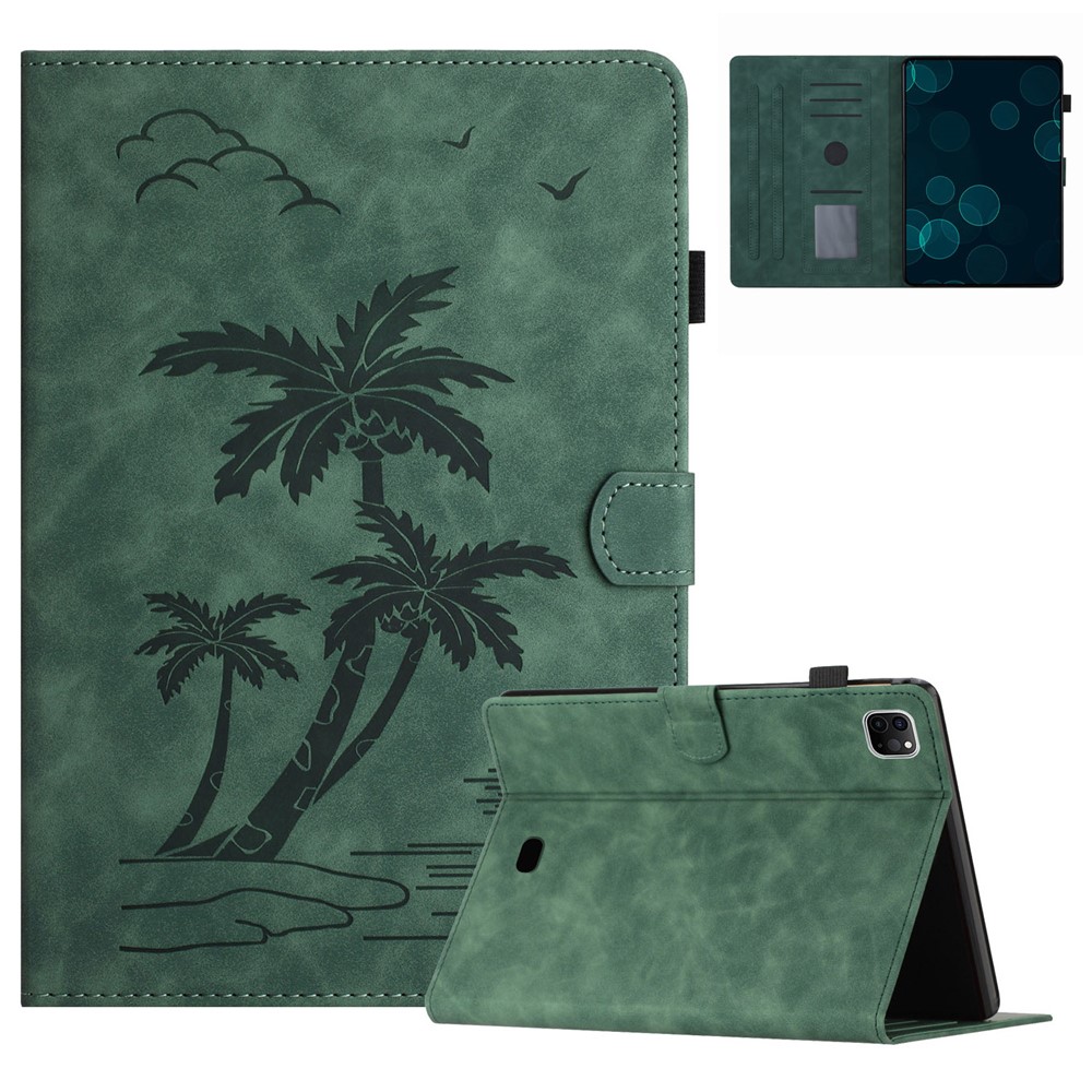 For iPad Pro 11-inch (2018) / (2020) / (2021) / (2022) / Air (2020) / Air (2022) Card Holder Coconut Tree Imprinted Leather Tablet Cover - Green