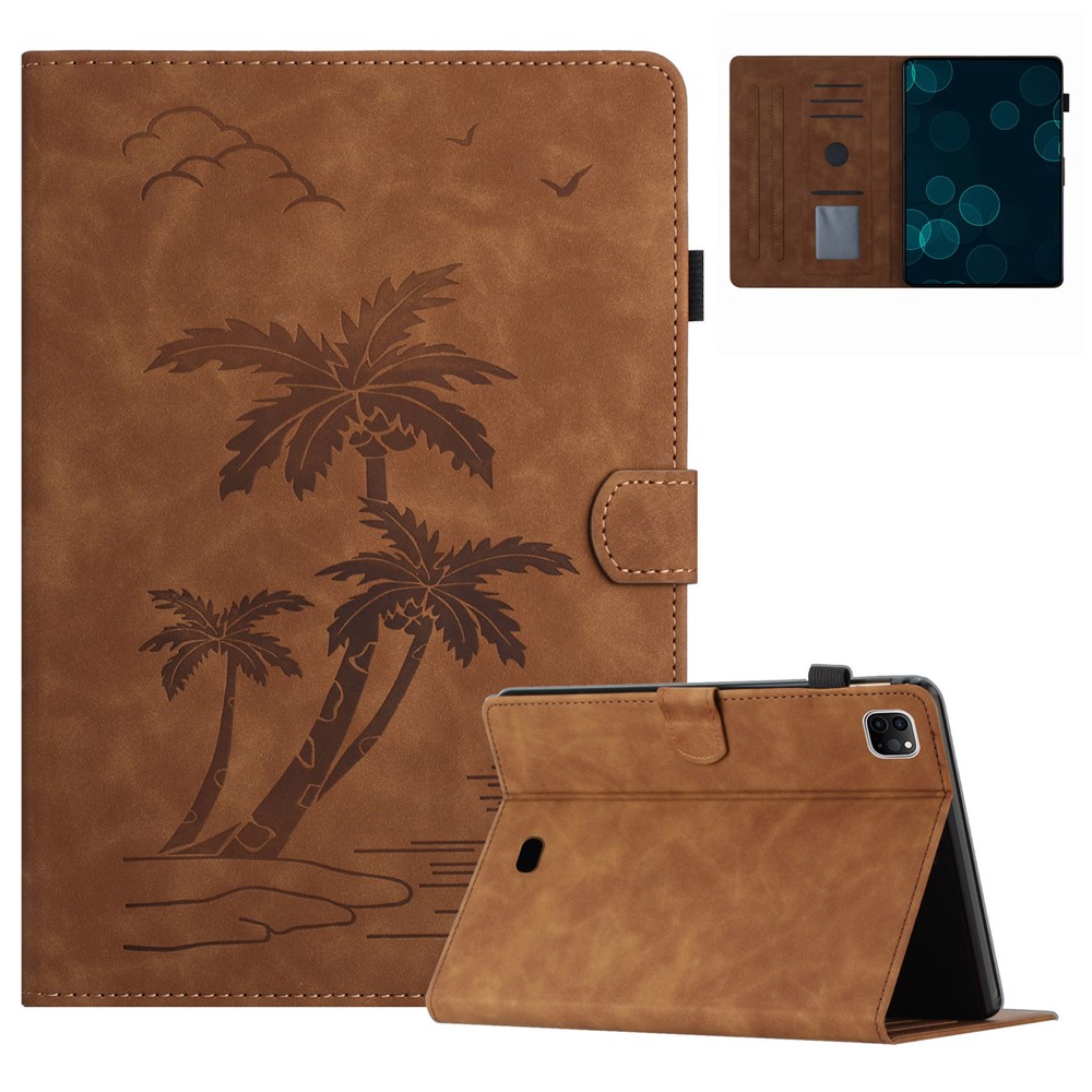 For iPad Pro 11-inch (2018) / (2020) / (2021) / (2022) / Air (2020) / Air (2022) Card Holder Coconut Tree Imprinted Leather Tablet Cover - Brown
