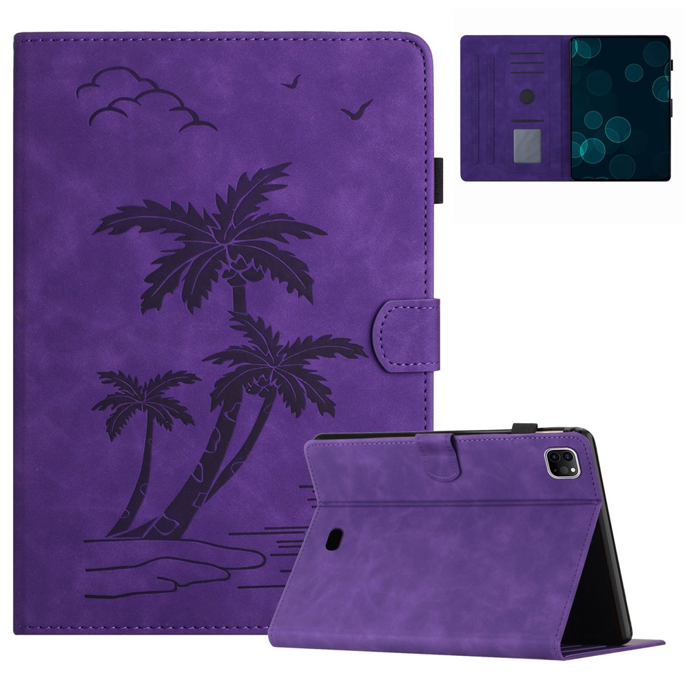 For iPad Pro 11-inch (2018) / (2020) / (2021) / (2022) / Air (2020) / Air (2022) Card Holder Coconut Tree Imprinted Leather Tablet Cover - Purple