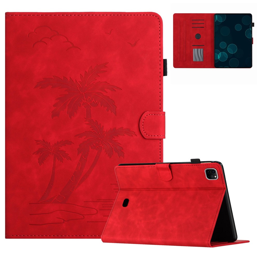 For iPad Pro 11-inch (2018) / (2020) / (2021) / (2022) / Air (2020) / Air (2022) Card Holder Coconut Tree Imprinted Leather Tablet Cover - Red