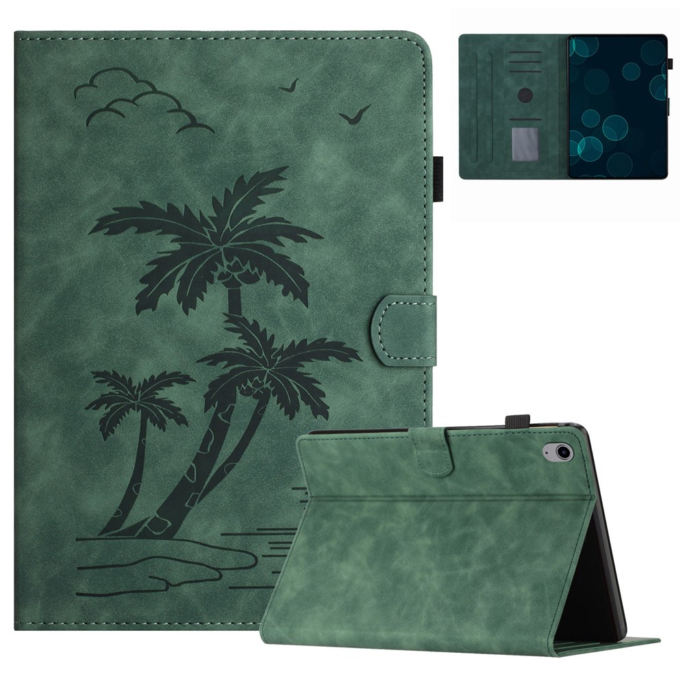 For iPad (2025) / 10.9 (2022) Stand Case Card Holder Coconut Tree Imprinted Leather Tablet Cover - Green