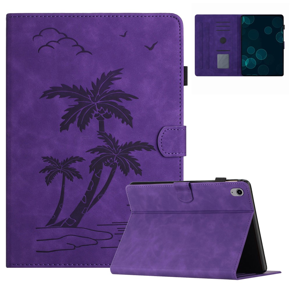 For iPad (2025) / 10.9 (2022) Stand Case Card Holder Coconut Tree Imprinted Leather Tablet Cover - Purple