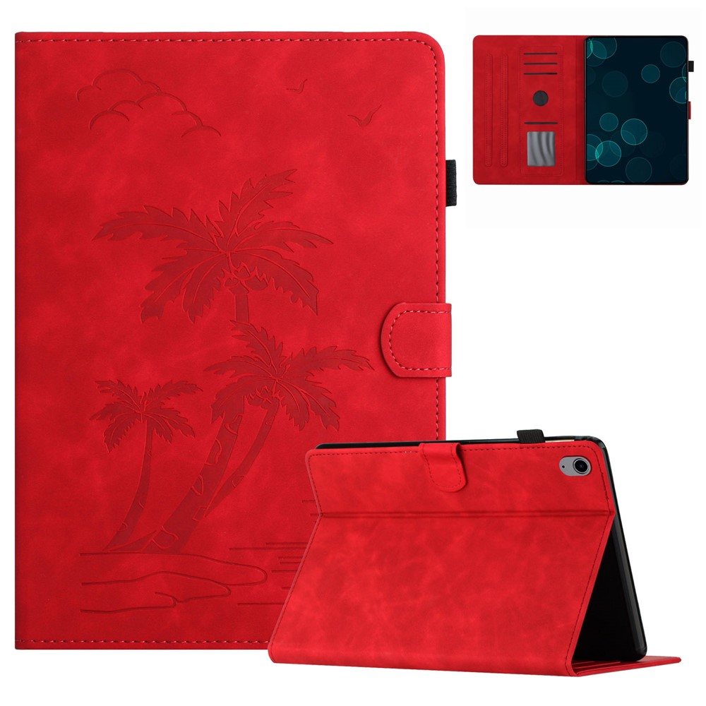 For iPad (2025) / 10.9 (2022) Stand Case Card Holder Coconut Tree Imprinted Leather Tablet Cover - Red