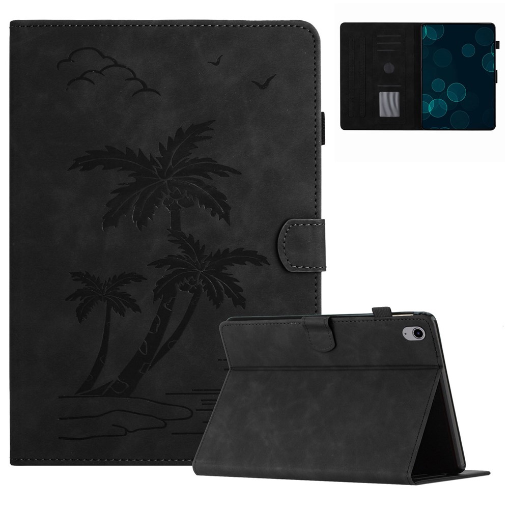 For iPad mini (2024) / mini (2021) Smart Case PU Leather Coconut Tree Imprinted Tablet Cover with Card Holder - Black