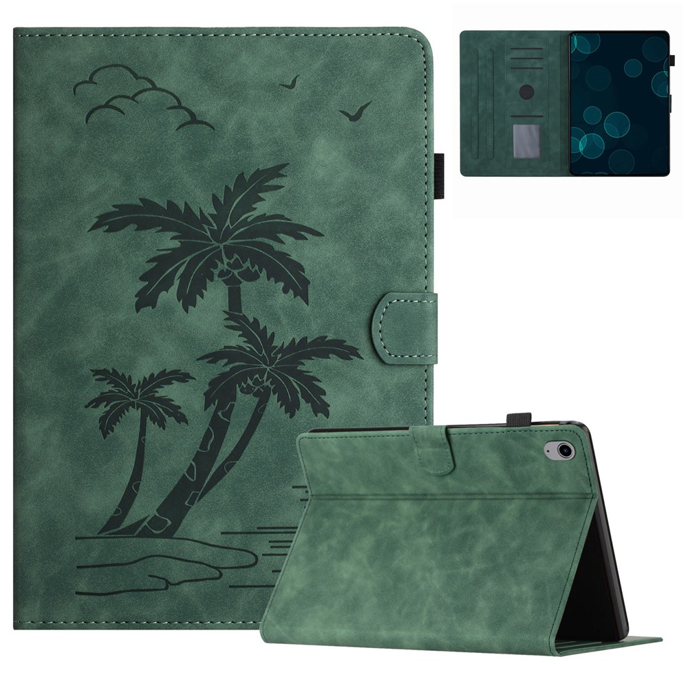 For iPad mini (2024) / mini (2021) Smart Case PU Leather Coconut Tree Imprinted Tablet Cover with Card Holder - Green