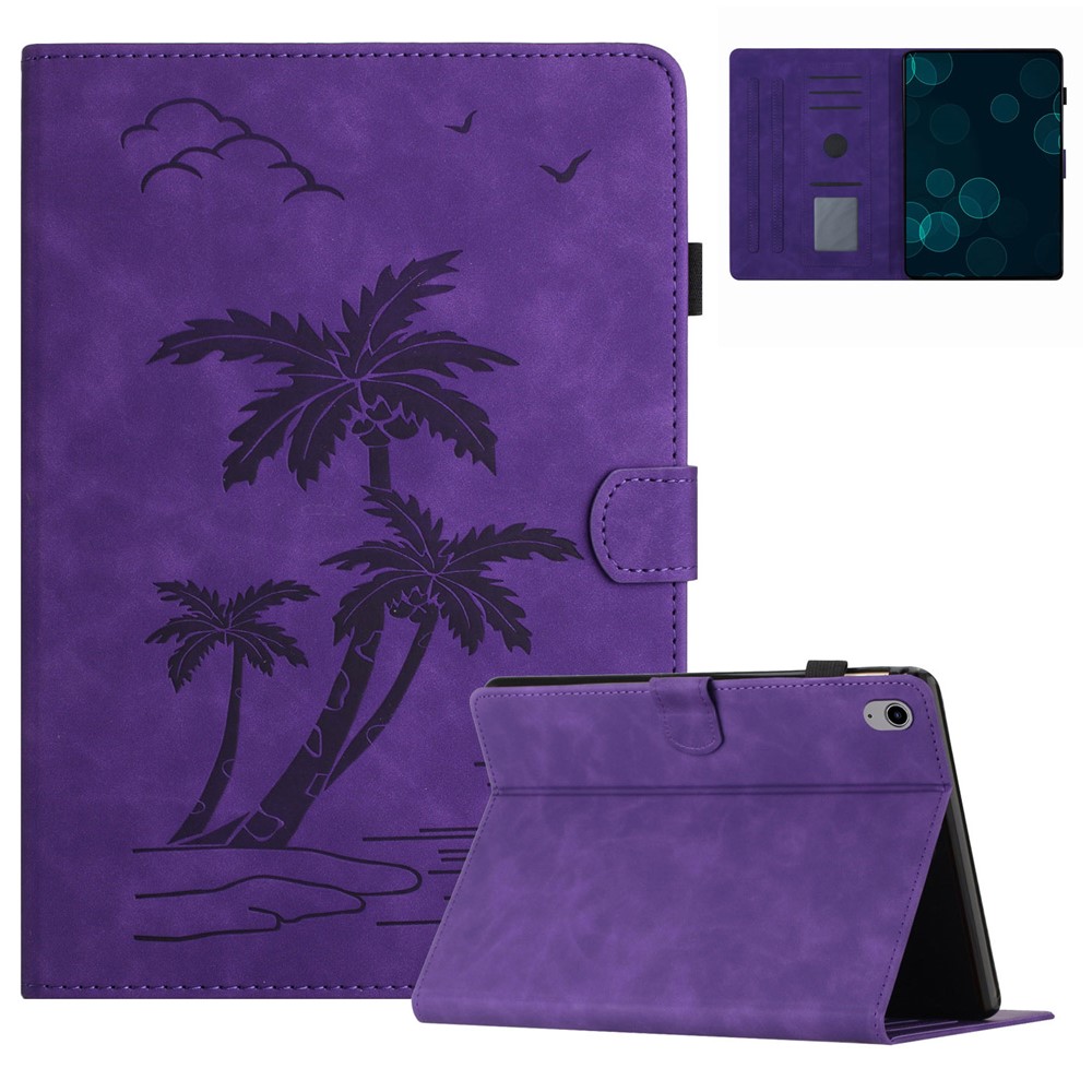 For iPad mini (2024) / mini (2021) Smart Case PU Leather Coconut Tree Imprinted Tablet Cover with Card Holder - Purple