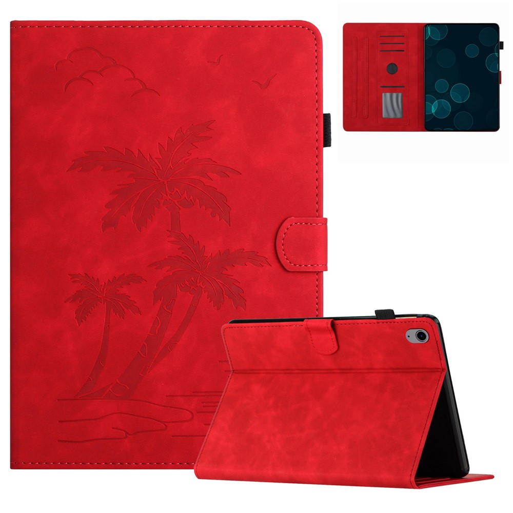 For iPad mini (2024) / mini (2021) Smart Case PU Leather Coconut Tree Imprinted Tablet Cover with Card Holder - Red