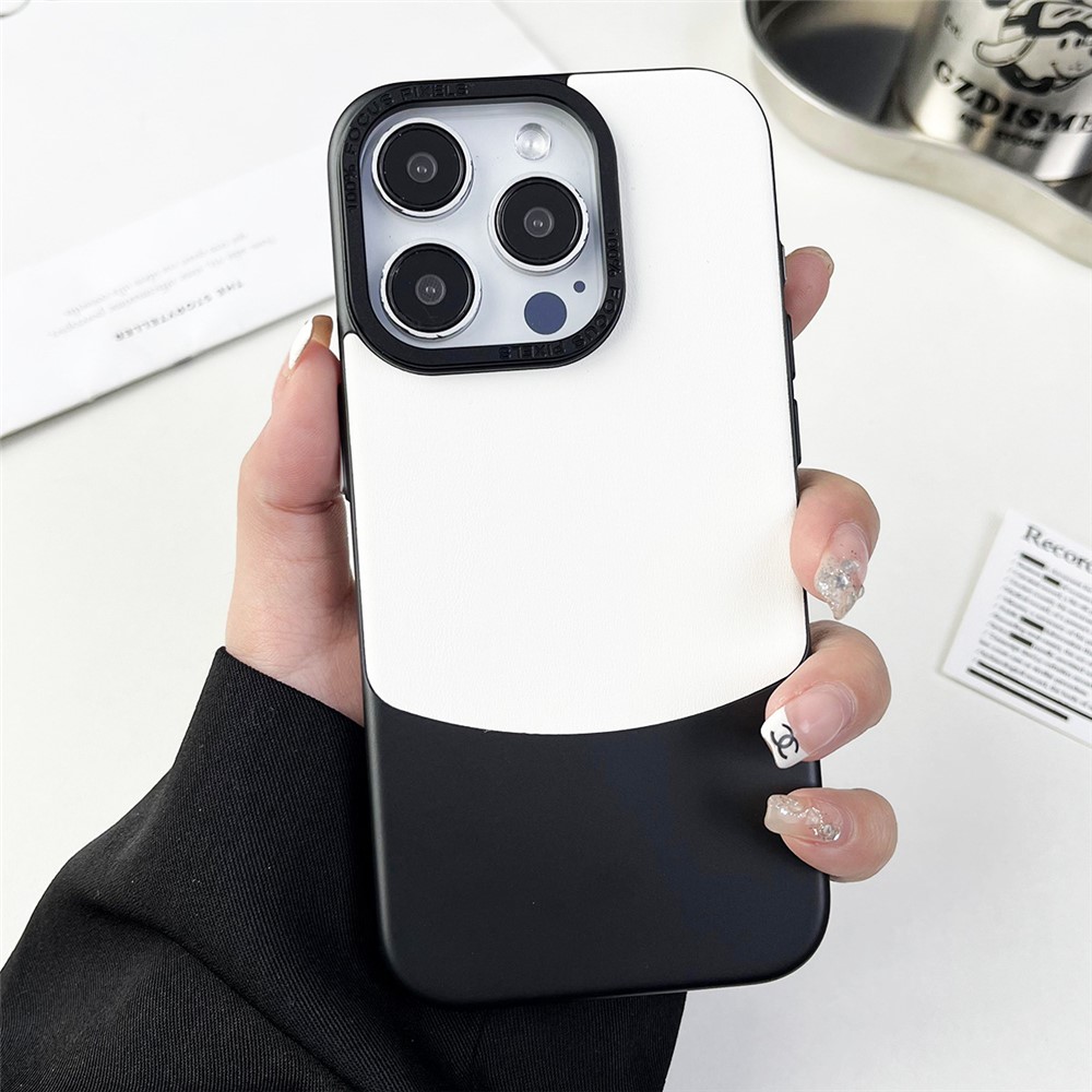 For iPhone 13 Pro Max Case Nappa Texture Leather Coated PC Anti-drop Phone Cover - Black  /  White