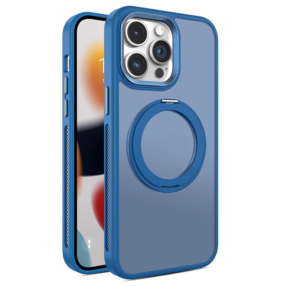 For iPhone 13 Pro Max Magnetic Case Rotary Ring Kickstand PC+TPU Protective Phone Cover - Dark Blue